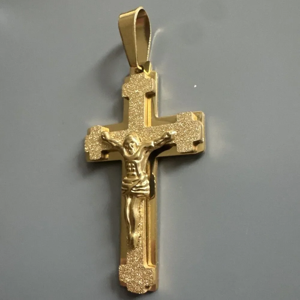 Gold Tone Cross Jesus Pendant 24” Chain Christ Stainless Steel Catholic Gift